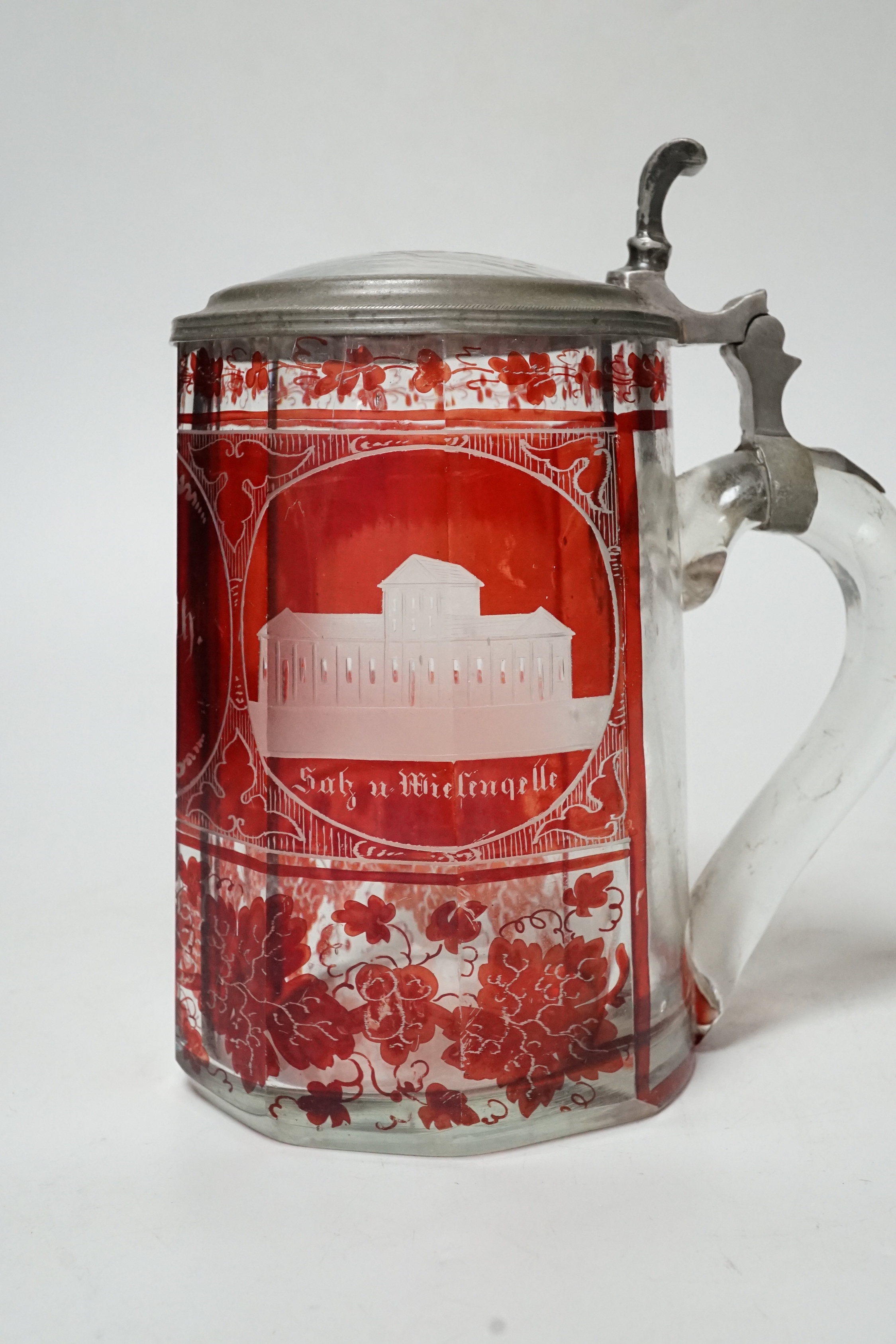 A 19th century Bohemian etched ruby glass pewter mounted tankard